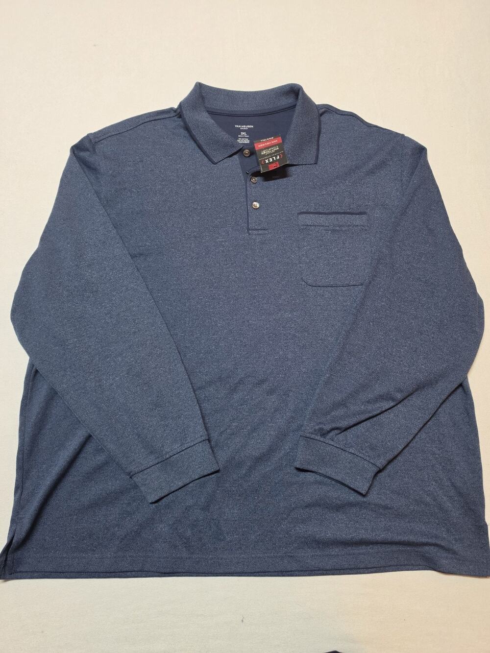 NWT Van Heusen Flex Men’s 3XL Big Tall Blue Long Sleeve Polo Shirt Pocket